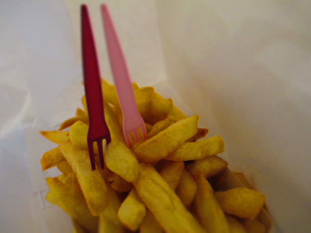 Frites from a street cart outside the Antwerp Belgium train station